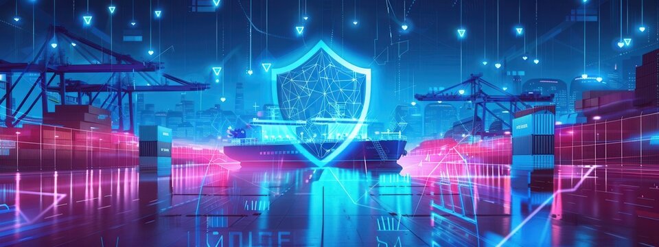 Maritime Cybersecurity: An illustration highlighting the importance of cybersecurity in maritime logistics, with digital shields protecting ships and ports from cyber threats.