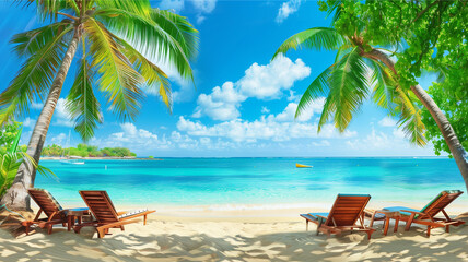 Obraz premium A tropical beach with palm trees and lounge chairs, overlooking the clear blue water of an exotic island. The scene is filled with sunlight, creating soft shadows on the sandy shore.