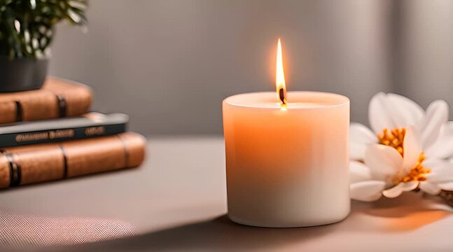 Realistic 3D vector mockup of a scented candle in a glass jar in an open packaging box, front view. The design offers an ideal template for advertising aromatherapy products