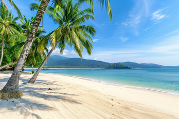 Obraz premium beach with palm trees Beautiful tropical beach with palm trees and a clear blue sky . Luxury summer vacation concept on the empty white sand on the sea shore, with a mountain