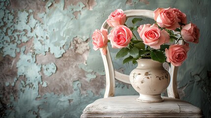  A white chair sits in front of a wall with peeling paint and is adorned with a pink-filled vase