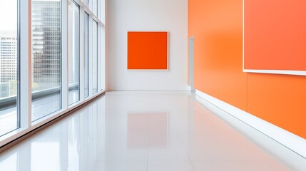 Contemporary art gallery, minimalist architecture highlighted by vibrant orange elements, clean and open space, showcasing modern artworks beautifully