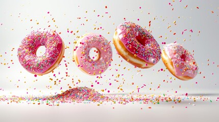 Fototapeta premium Delicious donuts with sprinkles in flight, bright white backdrop emphasizing the vivid colors and playful nature of the sweets