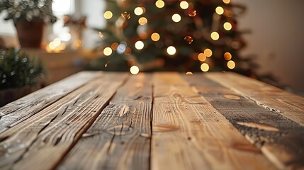 Wooden Tabletop With Christmas Lights
