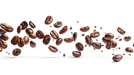 Coffee beans floating in the air close -up isolated on a white background
