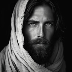 Closeup  Black and White portrait of Jesus Christ. 