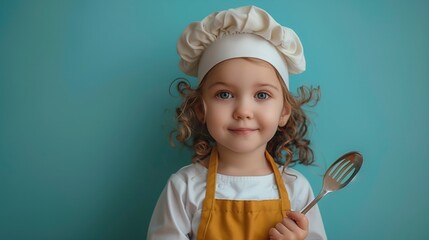A young girl dressed in a chefs uniform, complete with a white hat, stands confidently holding a slotted spoon in front of a blue background.