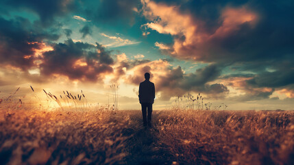 Businessman walking in a field at sunset contemplating life