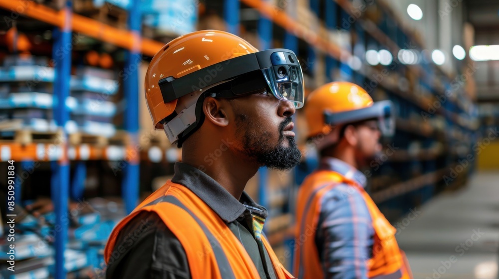 Poster multiple images of workers using augmented reality glasses for inventory management.