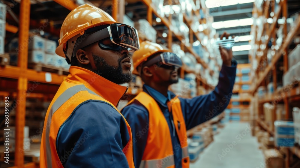 Poster multiple images of workers using augmented reality glasses for inventory management.