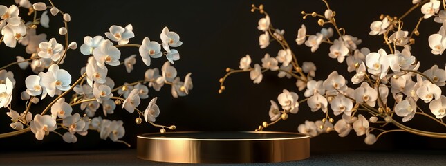 Golden Podium with White Orchids in Luxurious Setting. Background 3D podium with spring flower