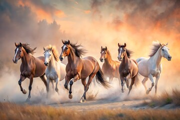 Fototapeta premium Wild Horses Running Free In The Open Plains At Sunset