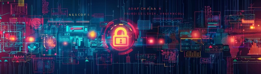 Colorful digital security and technology concept background with a glowing lock symbol, highlighting data protection and cyber security.