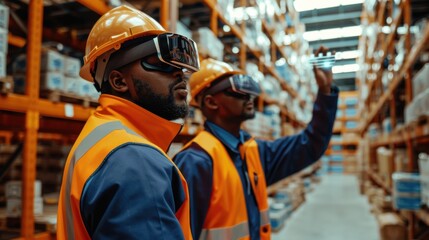 Multiple images of workers using augmented reality glasses for inventory management.