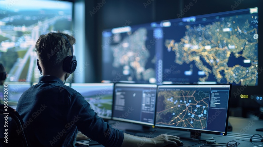 Poster optimized transportation routes displayed on a digital map in a control center.