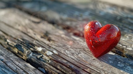 Fototapeta premium Valentine s Day theme with red heart on wooden surface