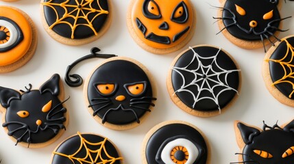 A close up shot of Halloween-themed cookies, decorated with spiderwebs, pumpkins, and cats. The cookies are on a white background