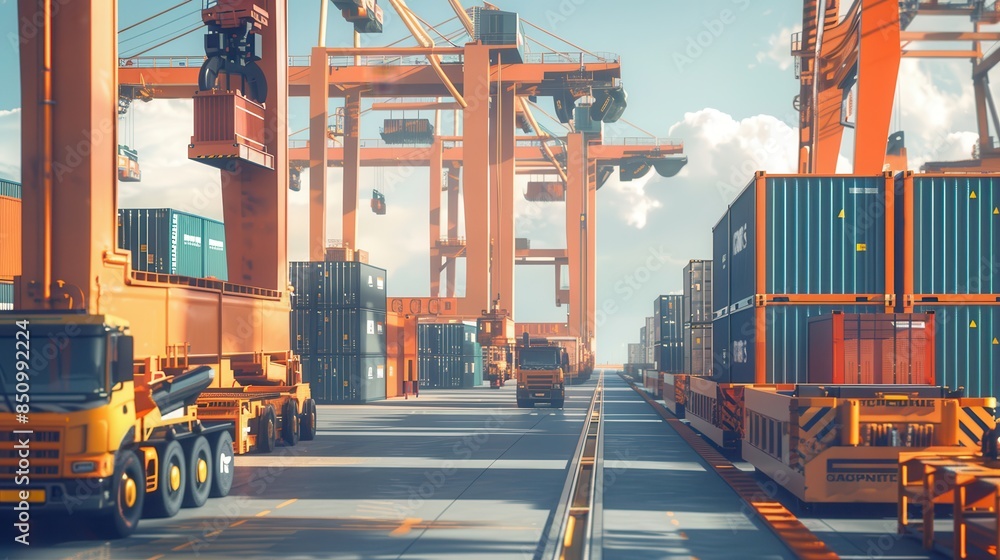 Aufkleber robotic cargo handling: an automated cargo handling system at a shipping port, with robotic cranes a