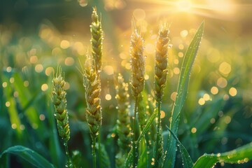 Fototapeta premium Wheat shoots in the fields, morning dew.