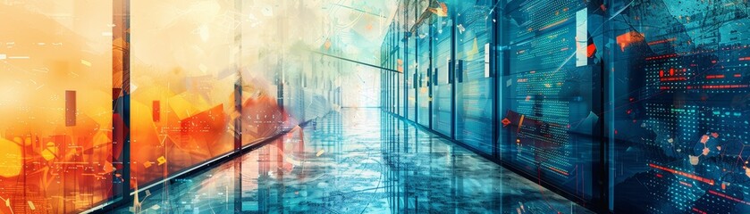 Fototapeta premium Futuristic abstract corridor with vibrant colors, digital patterns, and reflective surfaces creating a mesmerizing and dynamic visual experience.