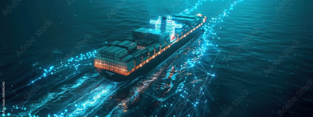 Poster smart container ship: a container ship equipped with smart technologies, including iot devices, ai s