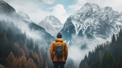 Hiker contemplating majestic snowy peaks in the alps © Sean