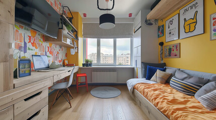 A colorful room with a bed. The room is designed for children and has a playful atmosphere