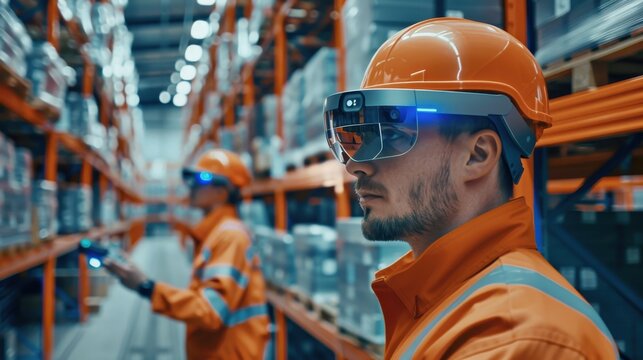 Smart Logistics Wearables: Workers at a logistics center using smart wearables like augmented reality glasses and wearable scanners to enhance efficiency and accuracy.
