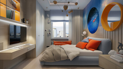 A colorful room with a bed. The room is designed for children and has a playful atmosphere