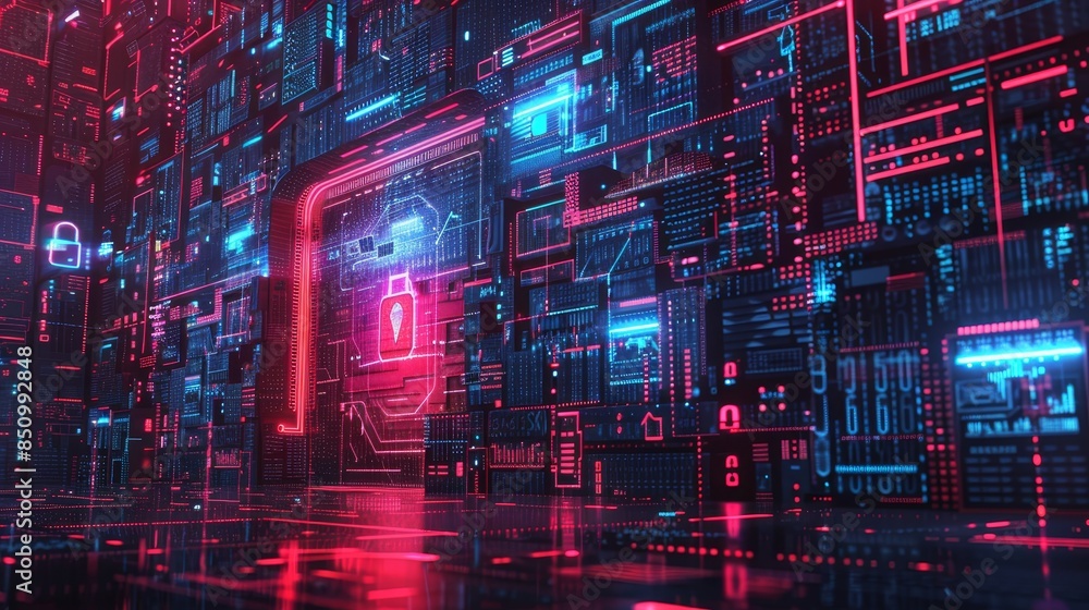 Poster futuristic digital interface with glowing red and blue lights, symbolizing cybersecurity and data pr