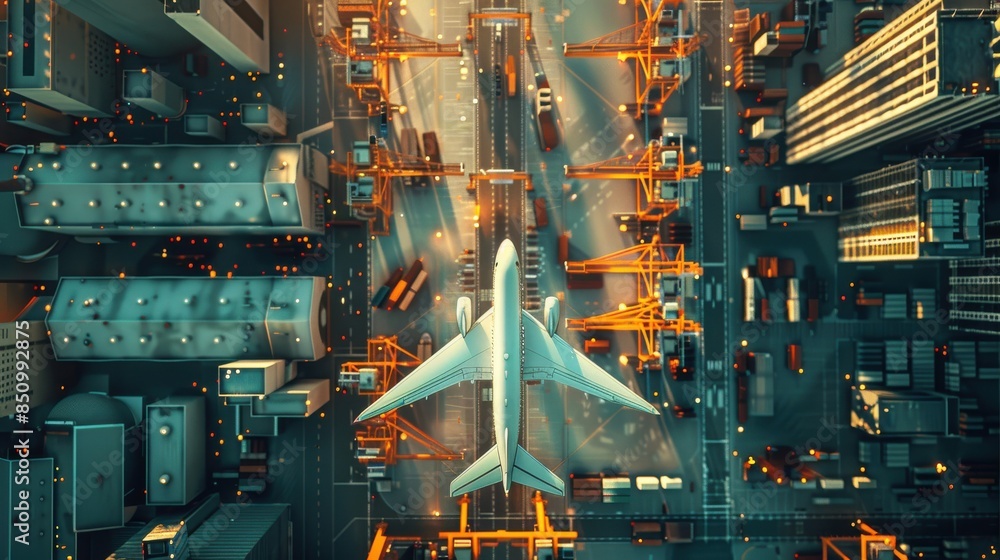 Aufkleber top view of high-tech port with cargo plane: a futuristic top-down view of a high-tech port equipped