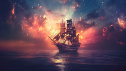 Fototapeta premium Old sailing ship floating on the ocean at sunset with dramatic sky