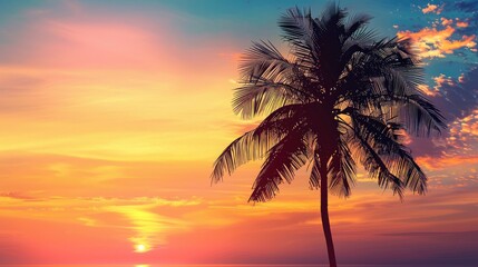 Silhouette of palm tree on sunset sky backdrop