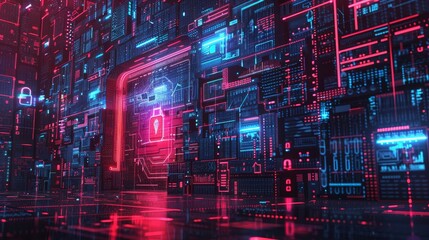 Futuristic digital interface with glowing red and blue lights, symbolizing cybersecurity and data protection.