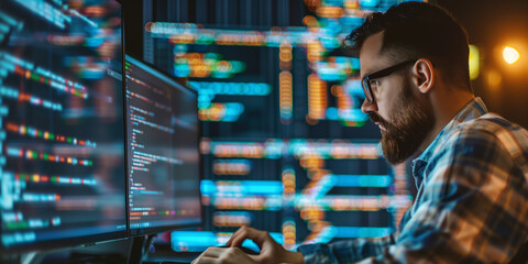 Fototapeta premium Developer or programmer coding on computer. Cybersecurity technology concept