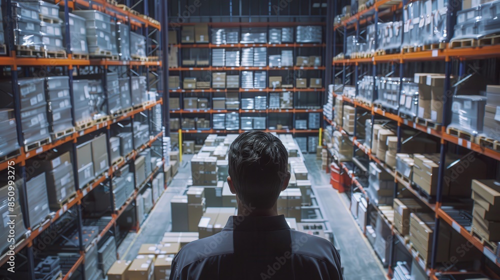 Poster warehouse management system (wms): a control room monitoring a warehouse management system (wms) wit