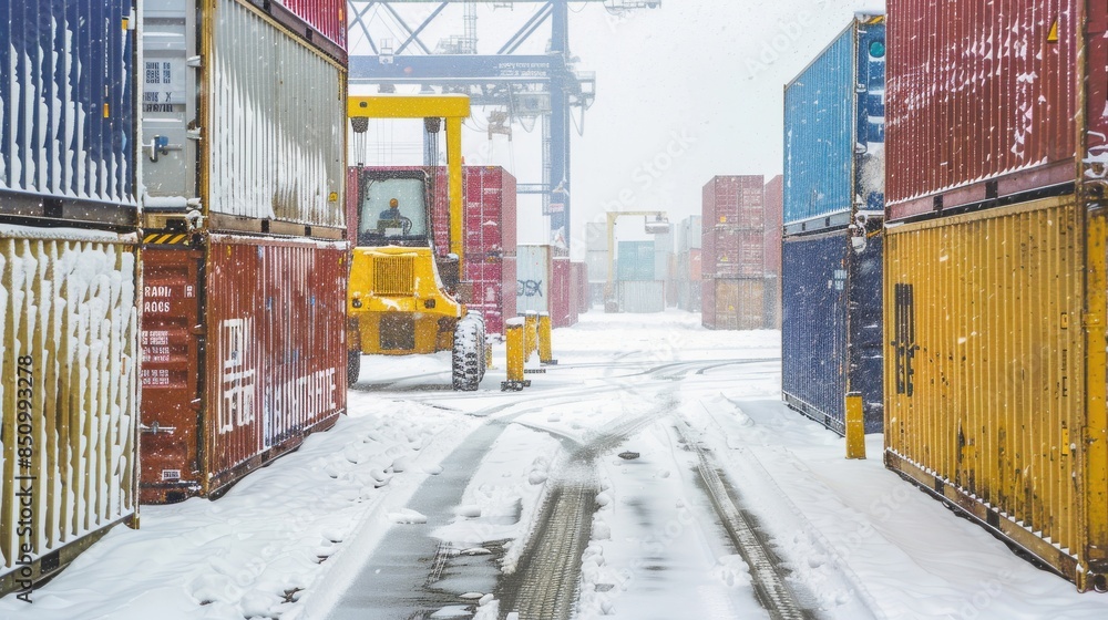 Aufkleber winter container yard: a container yard operating in winter conditions, with snow-covered containers