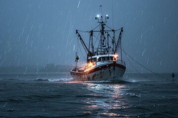 Sturdy fishing trawler braves the tempestuous ocean under a torrential downpour at twilight