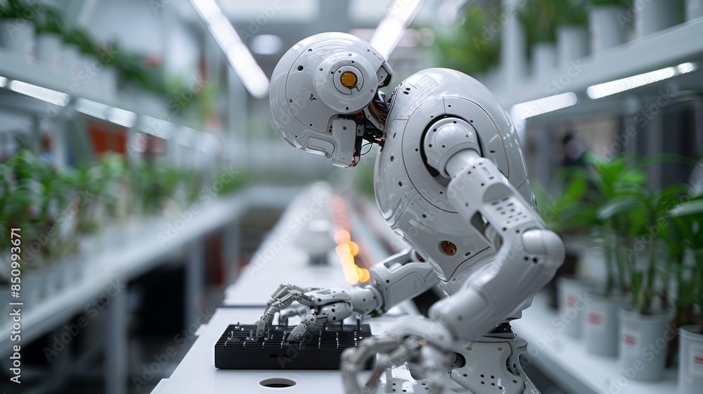 Poster A white robot with a humanoid body is shown working on a keyboard in a laboratory setting.