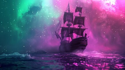 Sailing ship in sea water with night sky and northern light.