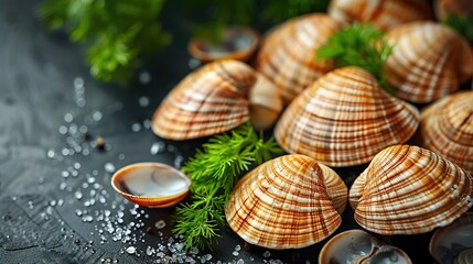   A table with seashells and green parsley sprig