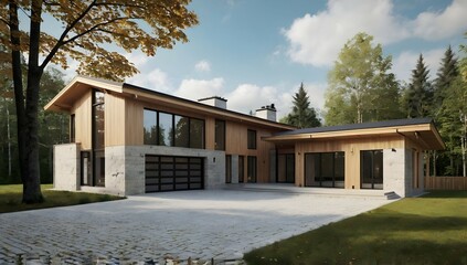 Scandinavian contemporary house, gable roof, large windows, photorealistic, smooth limestone accents, light wood accents, double garage, driveway
