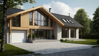 Scandinavian contemporary house, gable roof, large windows, photorealistic, smooth limestone accents, light wood accents, double garage, driveway
