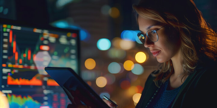 Female trader using tablet for stock market analytics