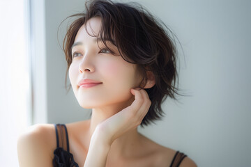 横を向いているショートカットの女性