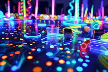 An electrifying illustration of a dance floor brought to life with an array of vibrant glow sticks and glow-in-the-dark accessories.