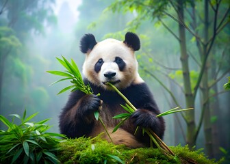 Fototapeta premium An Adorable Panda Bear Sits On A Rock In The Middle Of A Bamboo Forest And Eats Bamboo.