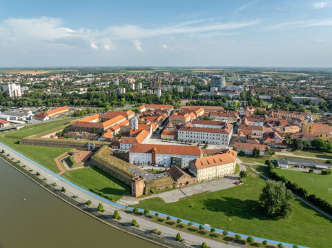 Croatia, Osijek, Esz&eacute;k - Aerial view of Drava river and Tvrdja old town in city of Osijek with famous castle