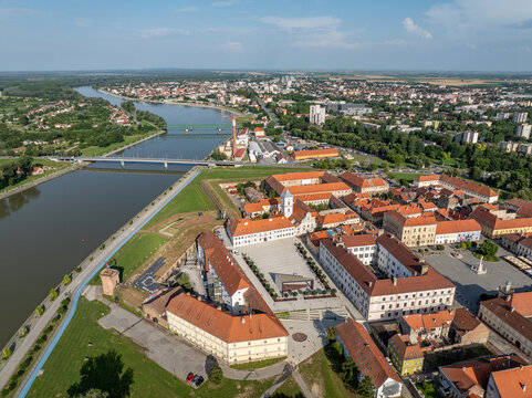 Croatia, Osijek, Esz&eacute;k - Aerial view of Drava river and Tvrdja old town in city of Osijek with famous castle