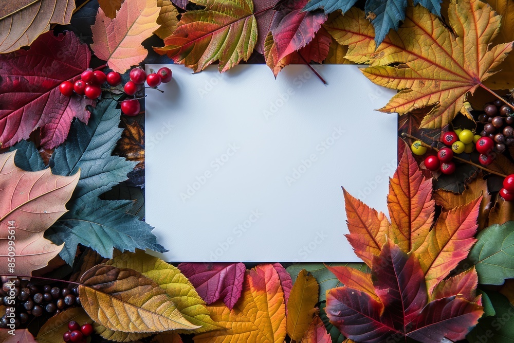 Poster autumn card design with colorful leaves and berries generative ai